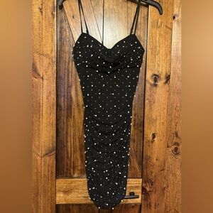 Rhinestone & Pearl studded Black mini Dress with tulle overlay Size XS